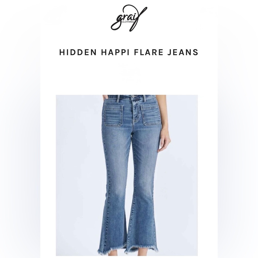 Hidden Happi Front Patch Pocket Flare Jeans in Distressed Delphinium size 31